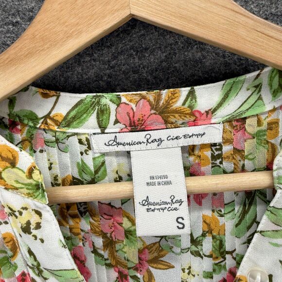 American Rag Cie Button Up Top Women S Small White Floral 3/4 Sleeve V-Neck - Picture 3 of 7